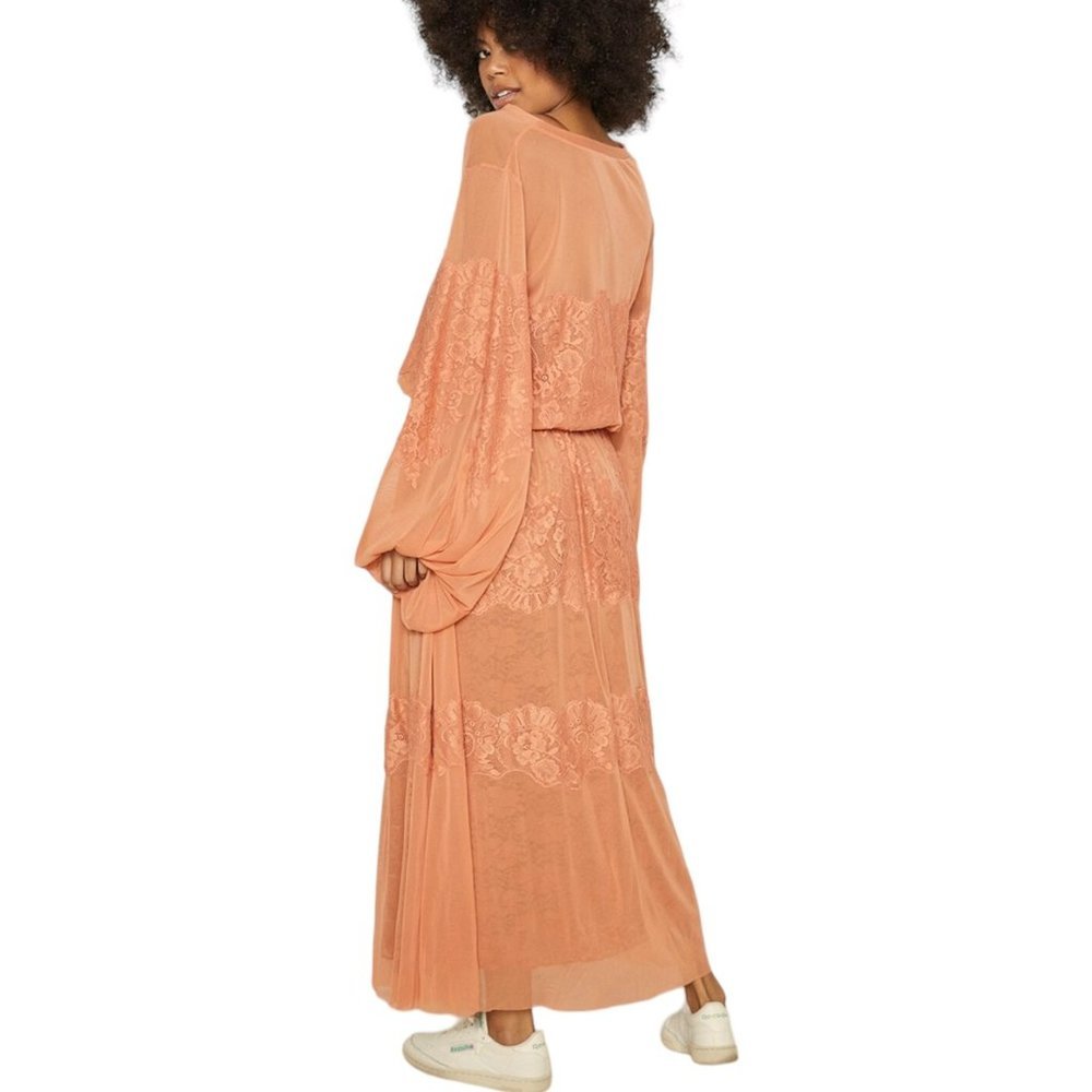 Hot As Hell Balloon Sleeve Lace Floral Casual Maxi Dress Coral Orange Small NEW